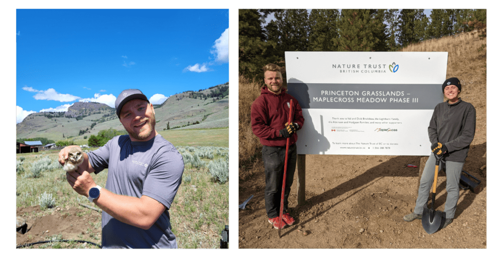 Two images. On the left, is a man, Jef Vreys, posing and smiling while holding a small burrowing owl in front of scenic southern Okanagan with a blue sky. The photo on the right shows two people, Jef Vreys on the left and a woman on the right, smiling in front of a Nature Trust of BC sign in a conservation area.