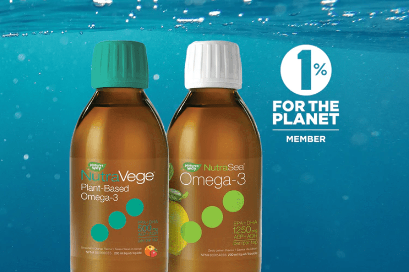 Two brown bottles, one with a green cap (NutraVege) and one with a white cap (NutraSea), on a blue ocean background. On the right in white, reads, "1% for the Planet Member"