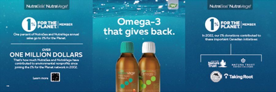 A label for NutraSea and NutraVege products which outlines the 1% for the Planet program, with The Nature Trust Logo. In the middle of the label is two bottles, with the title card "Omega-3 that gives back"
