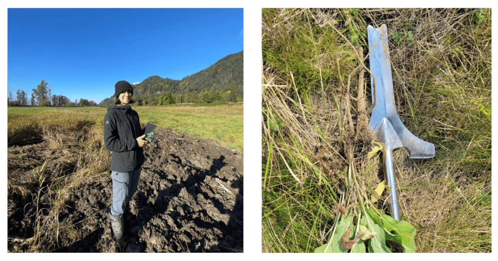 Left: Claire, from our South Coast Conservation Field Crew smiles with an iPad donated by Bob. Right: A shovel donated by Bob in the Kootenay. 